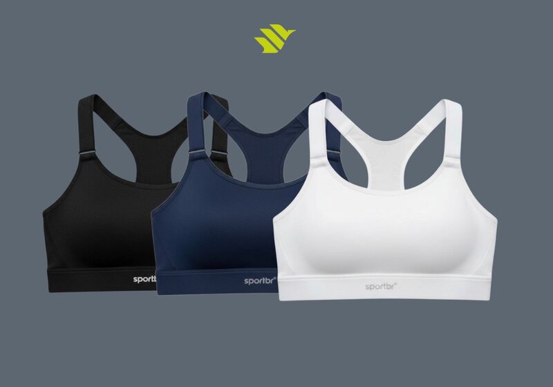 Conjunto de tops esportivos nas cores preto, azul e branco